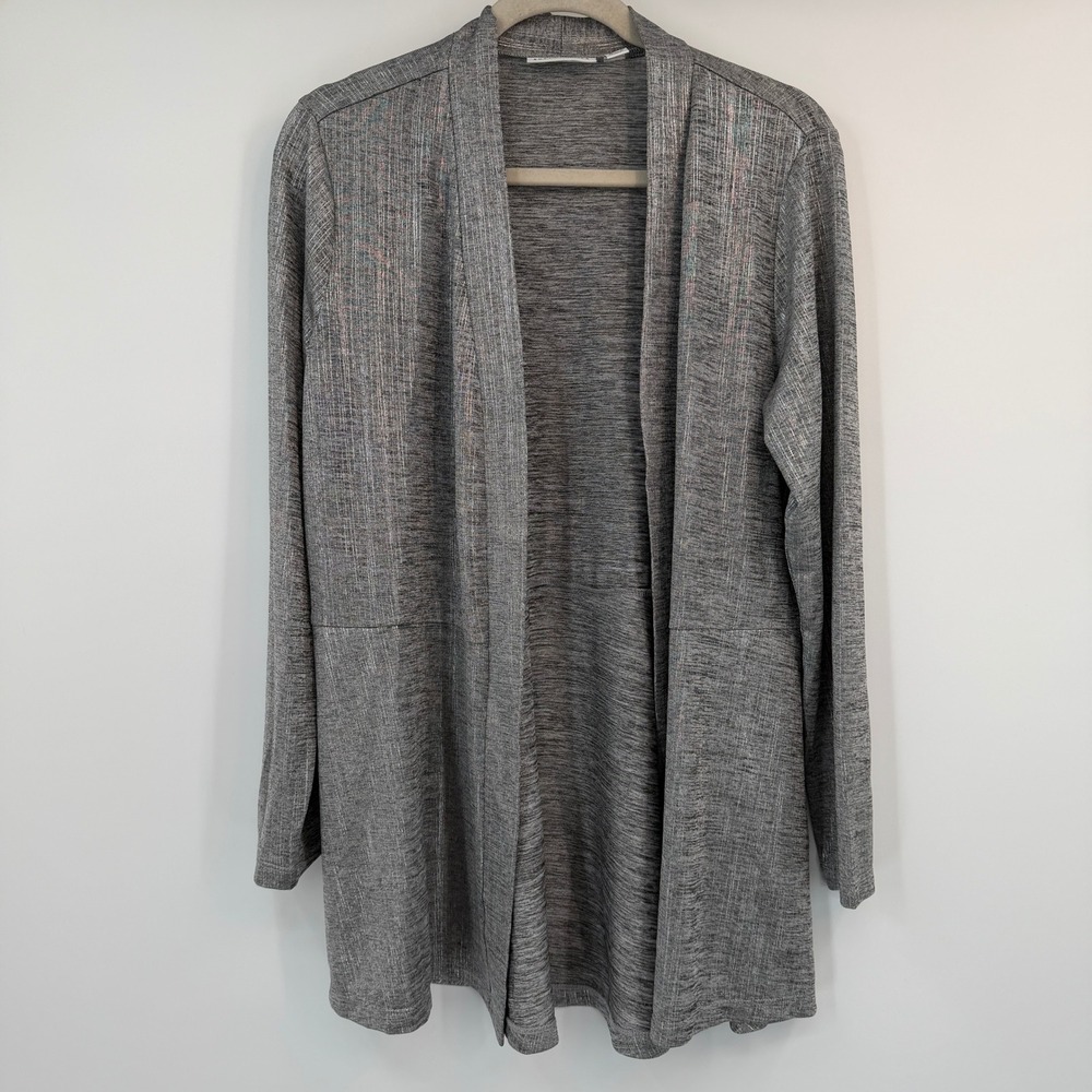 Susan Graver Grey Metallic Space Dye Open Front Cardigan Pockets Medium Shimmer